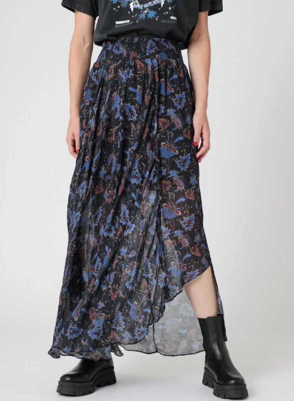 indigo mini skirts modern -Smocked Cut Long Skirt In Black/blue Floral