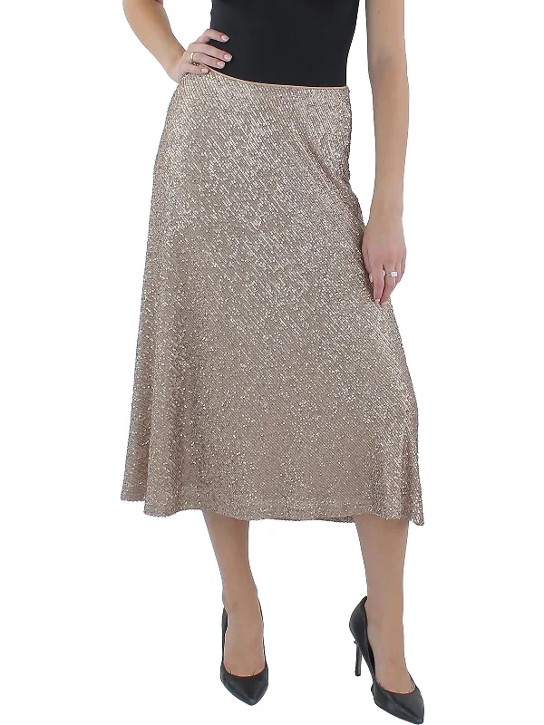 peach pleated skirts cute -Womens Sequined Party Midi Skirt