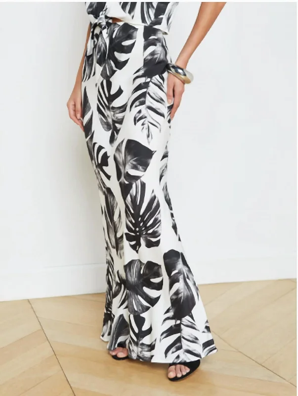 indigo wrap skirts modern -Zeta Long Skirt In Black And White Plam Print