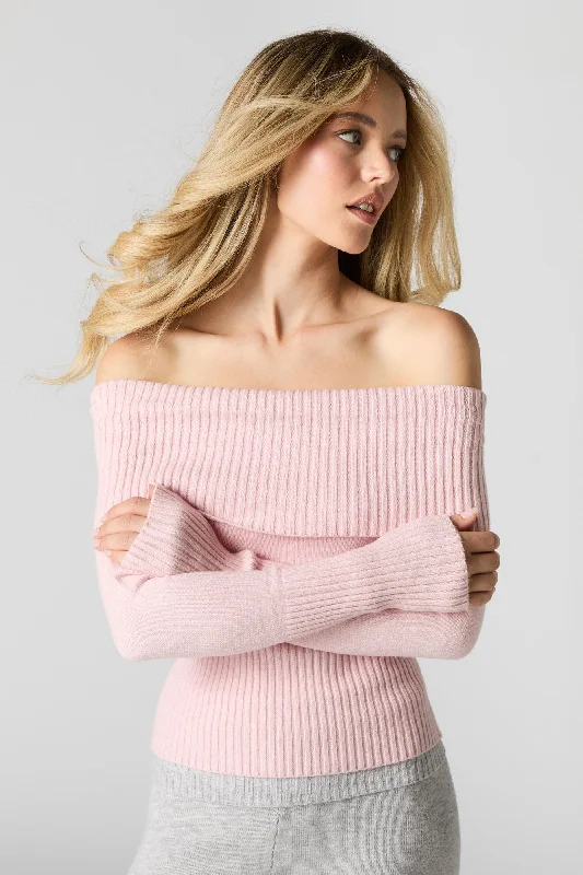 cardigan hand knitted -Ribbed Knit Off Shoulder Sweater