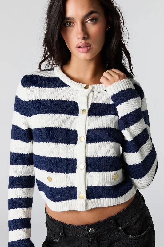 cardigan elegant casual -Striped Ribbed Knit Snap Button Cardigan