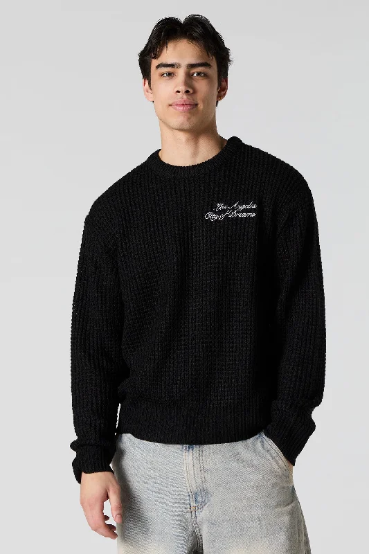 cardigan unique pattern -Los Angeles Embroidered Waffle Knit Sweater