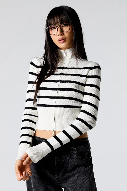 cardigan neutral knit -Striped Ribbed Knit Zip-Up Mock Neck Sweater