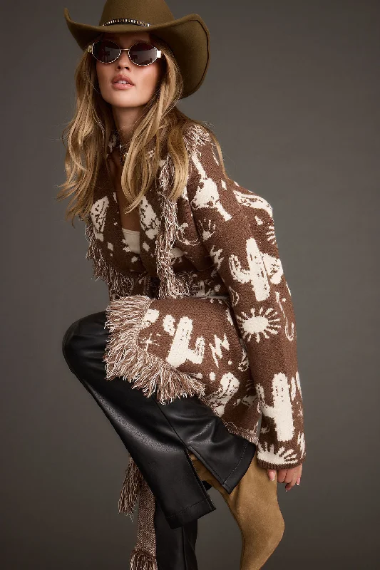 cardigan fall fashion -Big Sky Western Printed Fringe Cardigan