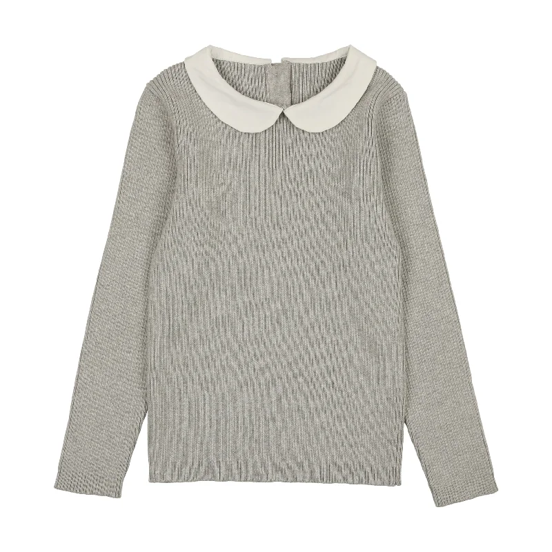 cardigan stylish cashmere -Coco Blanc Light Grey Peter Pan Knit Ribbed Sweater (9007)