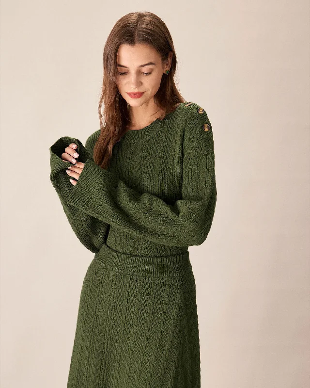 cardigan warm sweater -Green Round Neck Loose Button Sweater