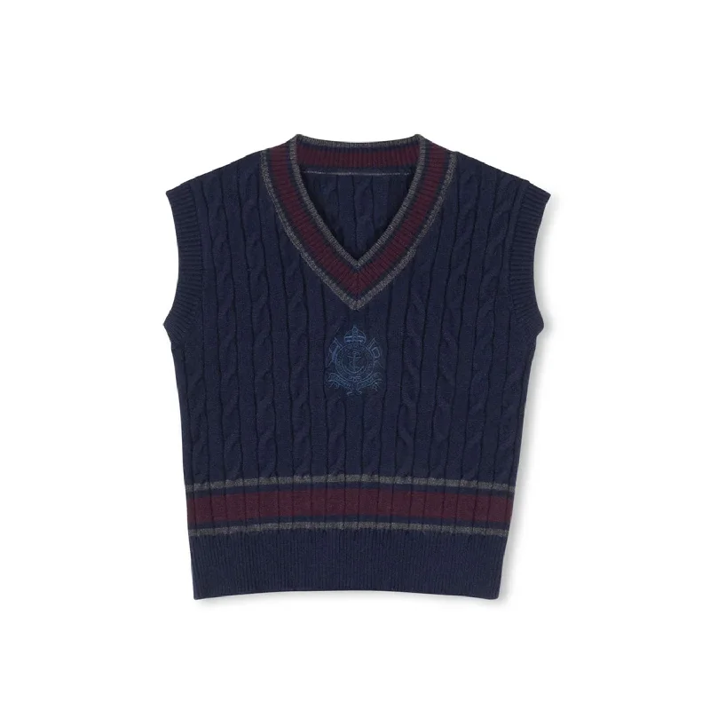 cardigan soft pink -Harper James  Navy Cable Knit Striped Trimming Vest