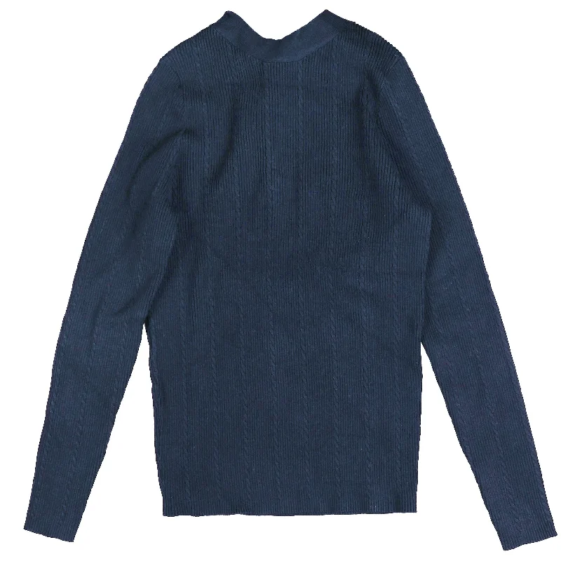 cardigan soft wool -Hev Navy Mock Neck Knit With Back Buttons