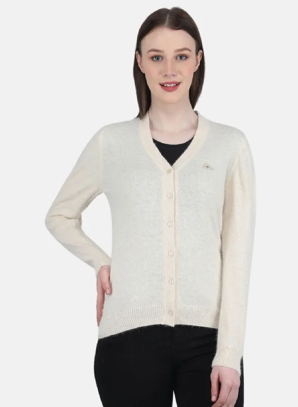 cardigan cozy sweater -Women Cream Solid Cardigan