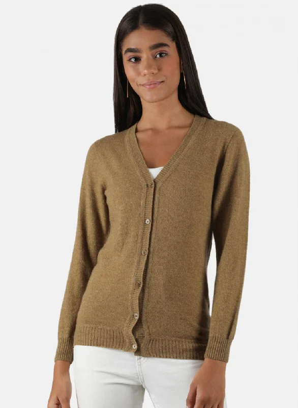 cardigan neutral wool -Women Khaki Solid Cardigan