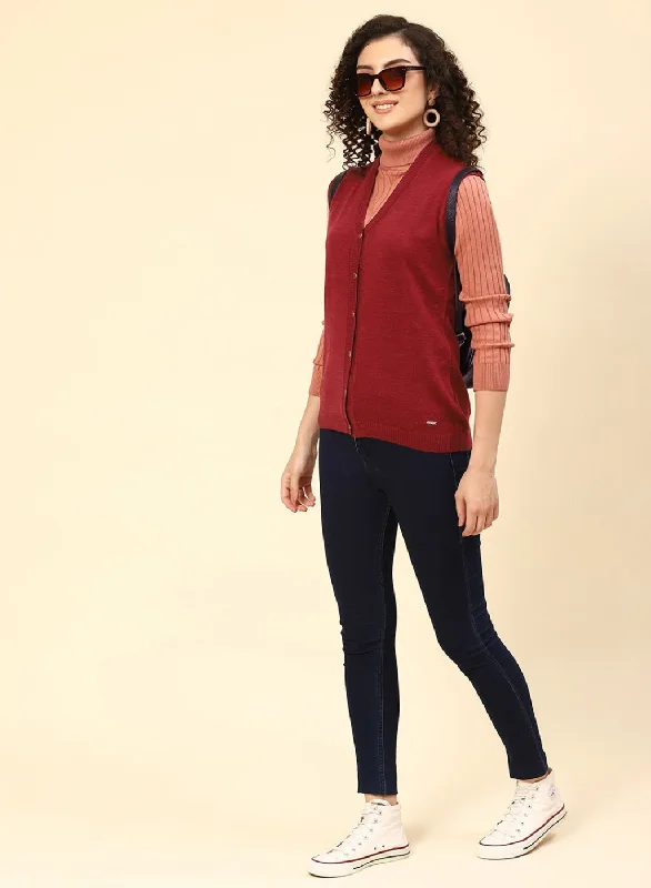 cardigan warm white -Women Maroon Solid Wool blend Cardigan