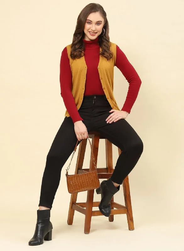 cardigan loose red -Women Mustard Solid Modal Nylone Cardigan