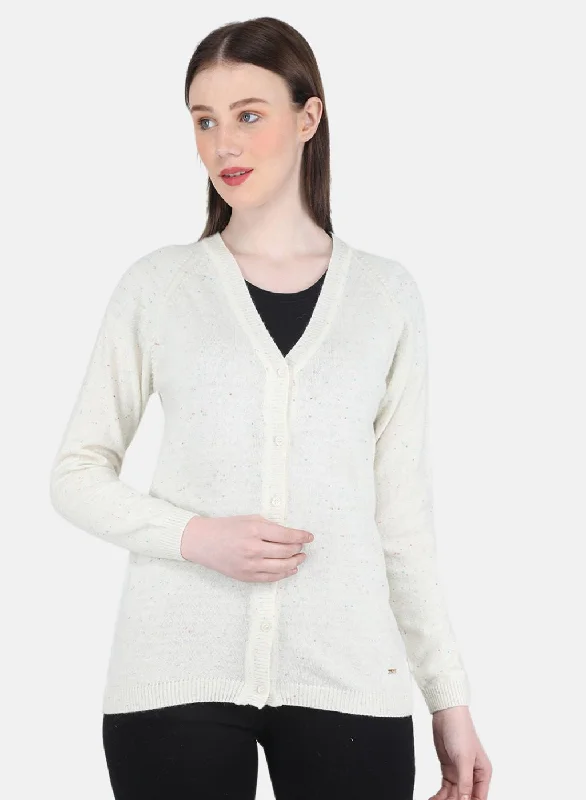 cardigan stylish sweater -Women Off White Solid Cardigan