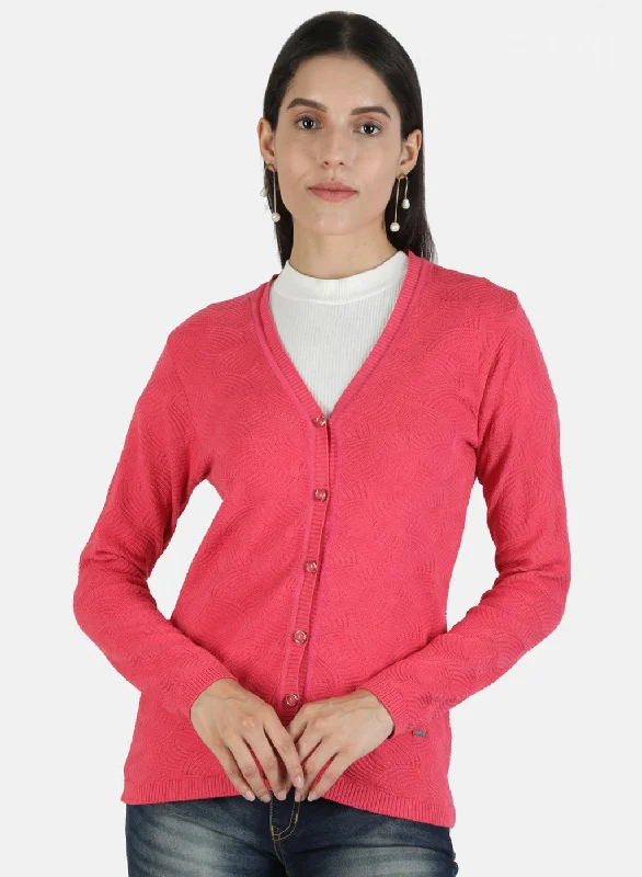 cardigan elegant red -Women Pink Solid Cardigan