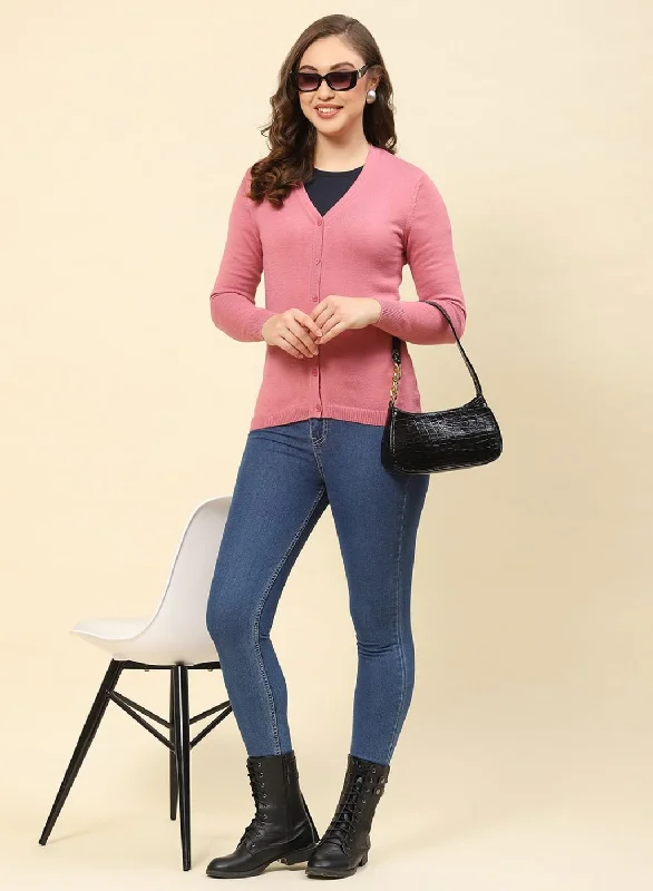 cardigan textured knit -Women Pink Solid Modal Nylone Cardigan