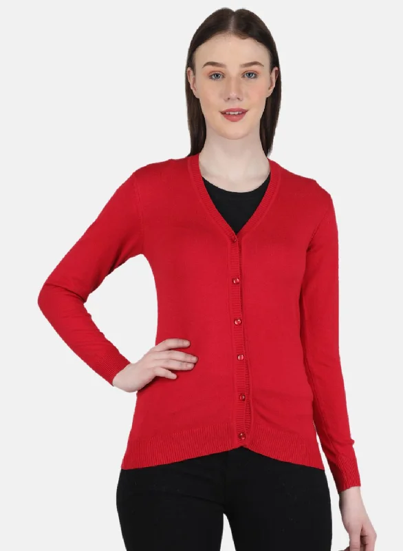 cardigan chic layers -Women Red Self Design Cardigan