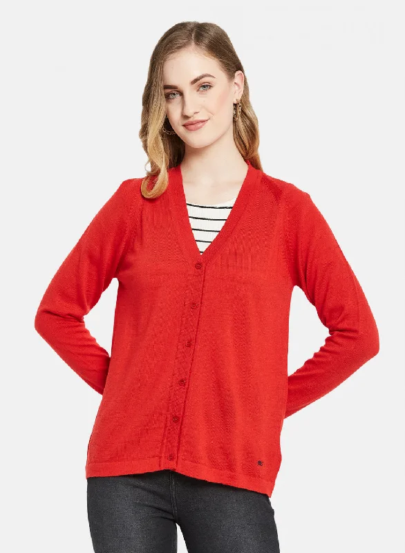 cardigan modern wool -Women Red Solid Cardigan