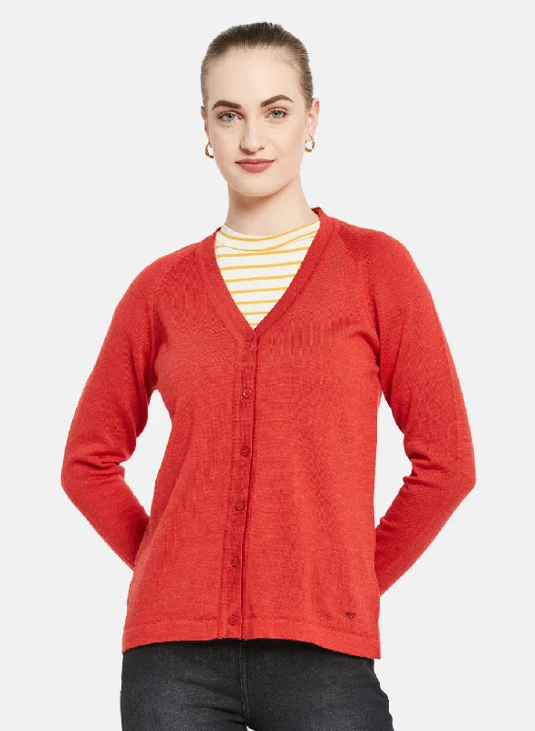 cardigan loose design -Women Red Solid Cardigan