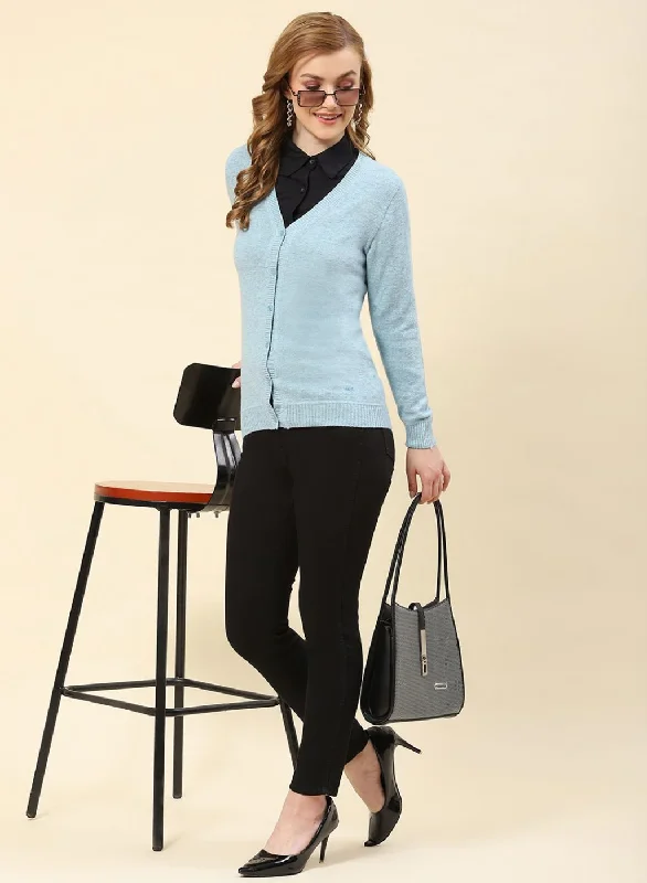 cardigan cold weather -Women Sky Blue Solid Lamb wool Cardigan