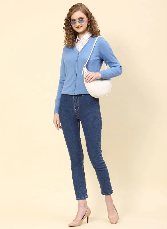 cardigan with pockets -Women Sky Blue Solid Modal Nylone Cardigan