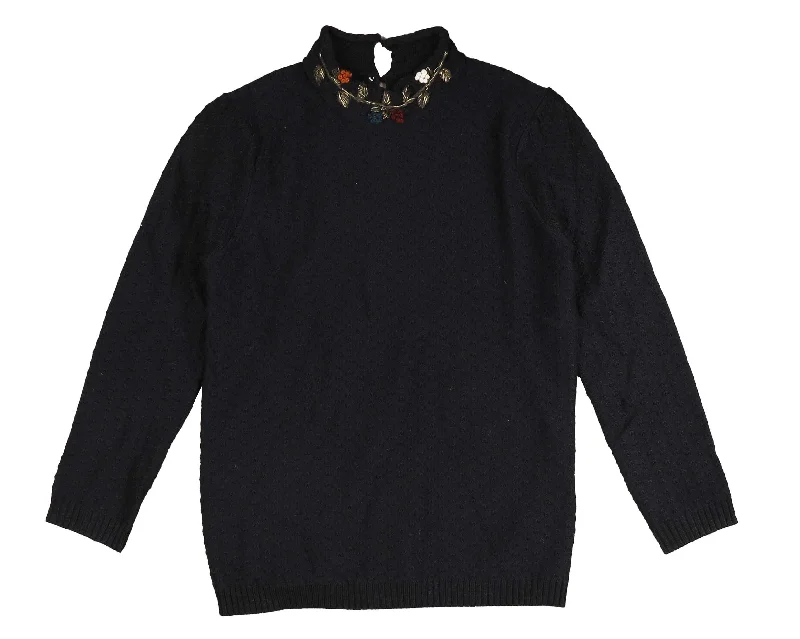 cardigan chic fabric -Noma Navy Floral Embroided Neck Turtleneck (NKN752)