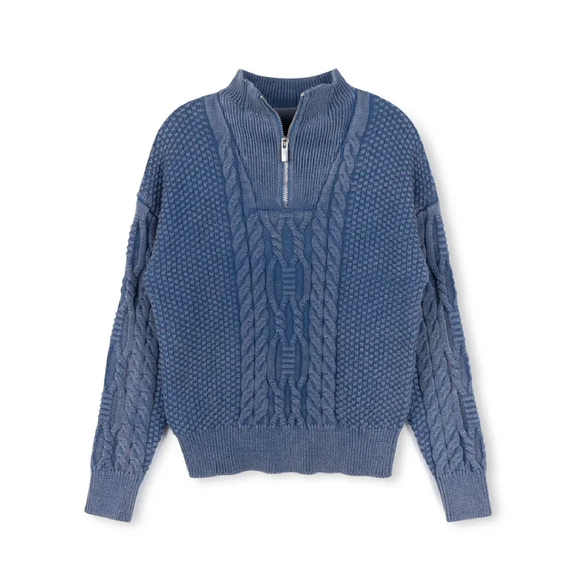 cardigan chic black -Vibe Blue Textured Knit Wash Half Zip Sweater