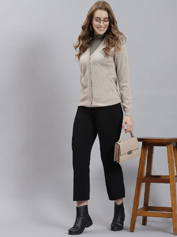 cardigan modern mustard -Women Beige Solid Cardigan