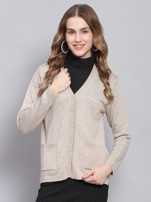 cardigan trendy navy -Women Beige Solid V Neck Full Sleeve Cardigans