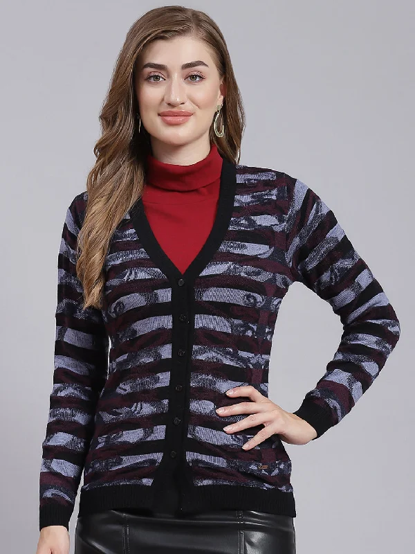 cardigan stylish maroon -Women Black Jaquard Wool blend Cardigan