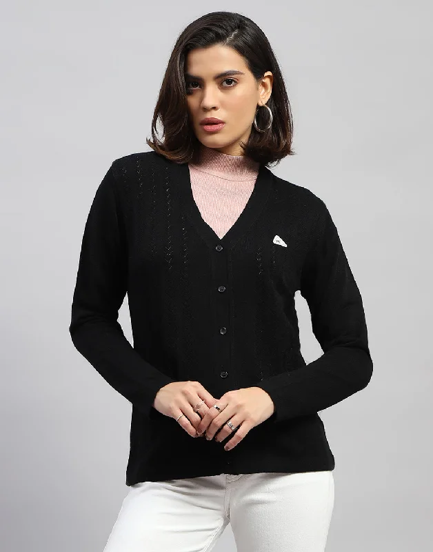 cardigan cozy knit -Women Black Self Design V Neck Full Sleeve Cardigan