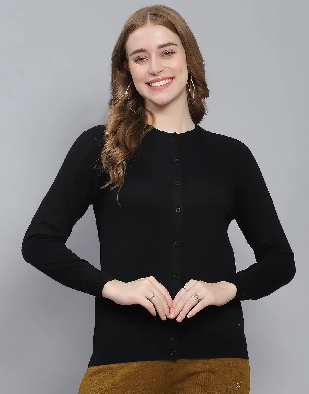 cardigan dressy look -Women Black Solid Round Neck Full Sleeve Cardigan