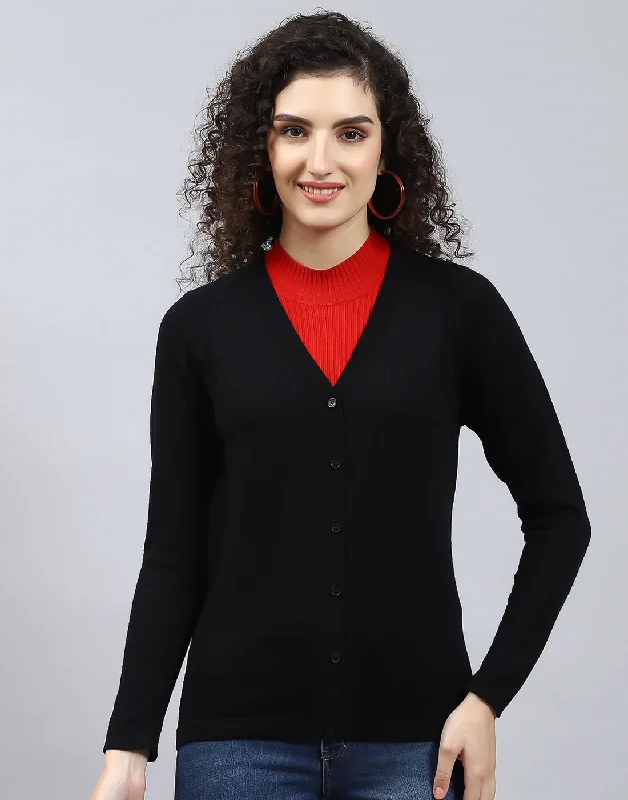 cardigan lightweight knit -Women Black Solid V Neck Full Sleeve Cardigan