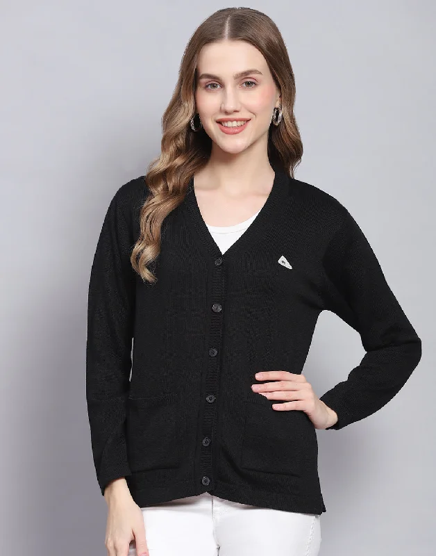 cardigan loose fit -Women Black Solid V Neck Full Sleeve Cardigan