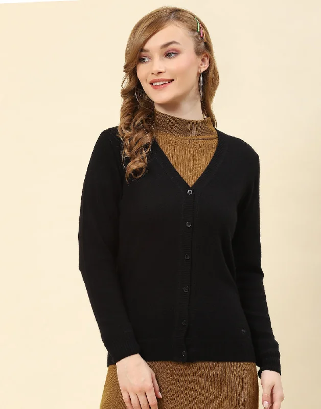 cardigan cozy navy -Women Black Solid V Neck Full Sleeve Cardigan