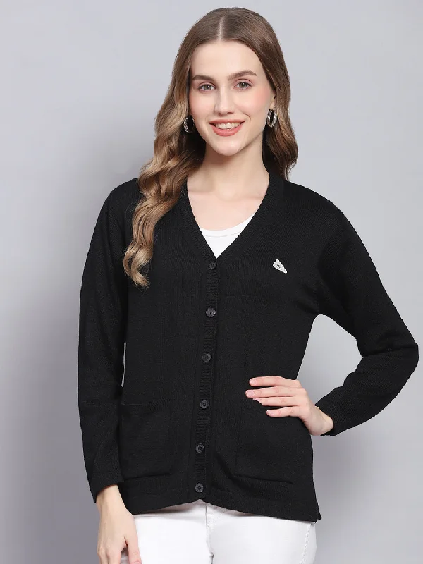 cardigan cozy navy -Women Black Solid V Neck Full Sleeve Cardigans