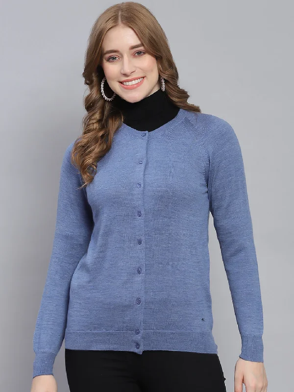 cardigan bold knit -Women Blue Solid Round Neck Full Sleeve Cardigans