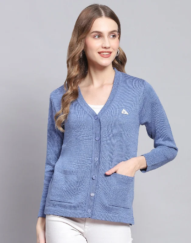 cardigan breathable fabric -Women Blue Solid V Neck Full Sleeve Cardigan