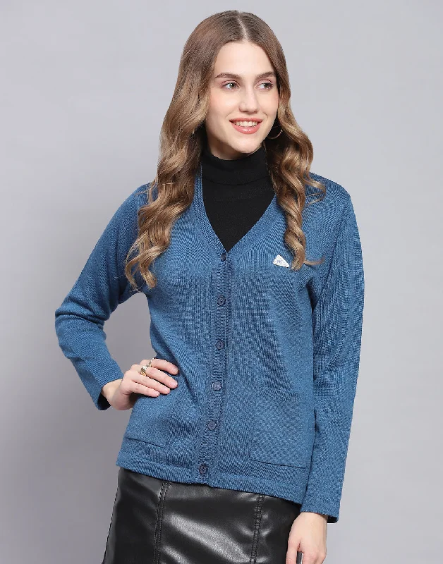 cardigan affordable price -Women Blue Solid V Neck Full Sleeve Cardigan