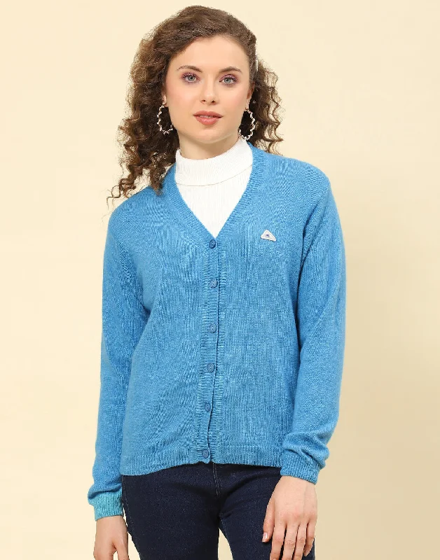 cardigan casual navy -Women Blue Solid V Neck Full Sleeve Cardigan