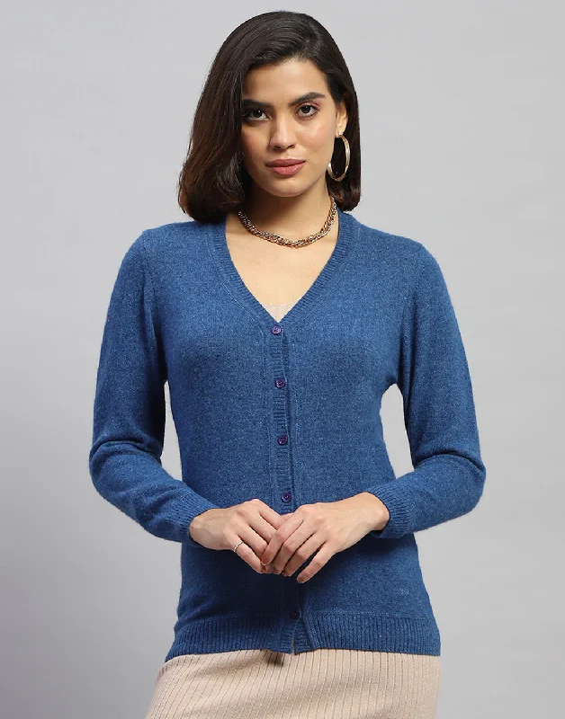 cardigan modern fit -Women Blue Solid V Neck Full Sleeve Cardigan