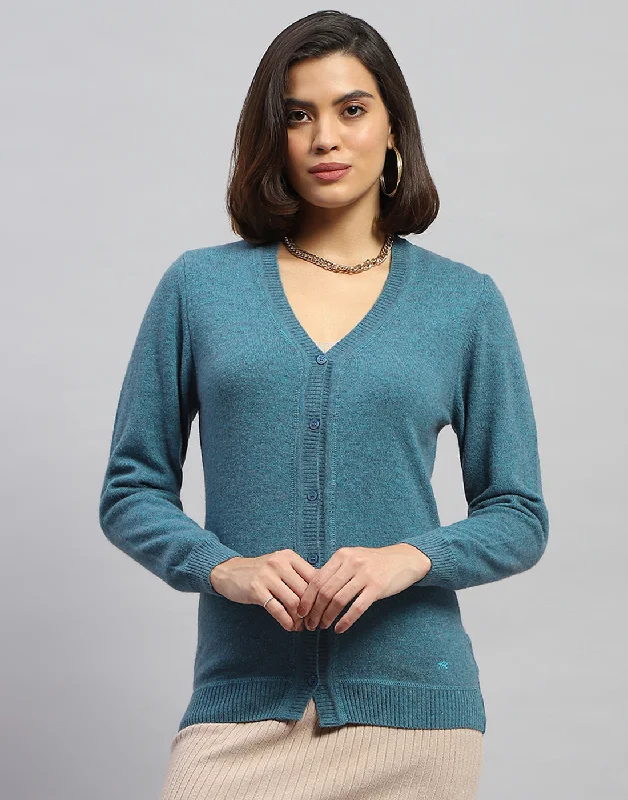 cardigan comfy tones -Women Blue Solid V Neck Full Sleeve Cardigan