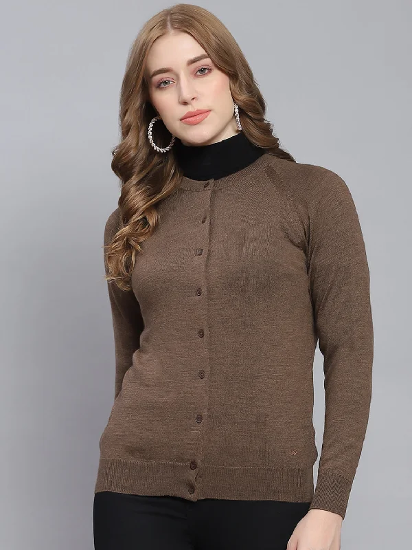 cardigan elegant olive -Women Brown Solid Round Neck Full Sleeve Cardigan