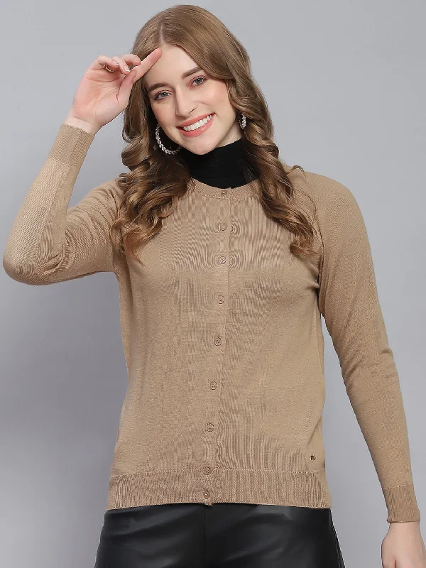 cardigan eco friendly -Women Brown Solid Round Neck Full Sleeve Cardigans