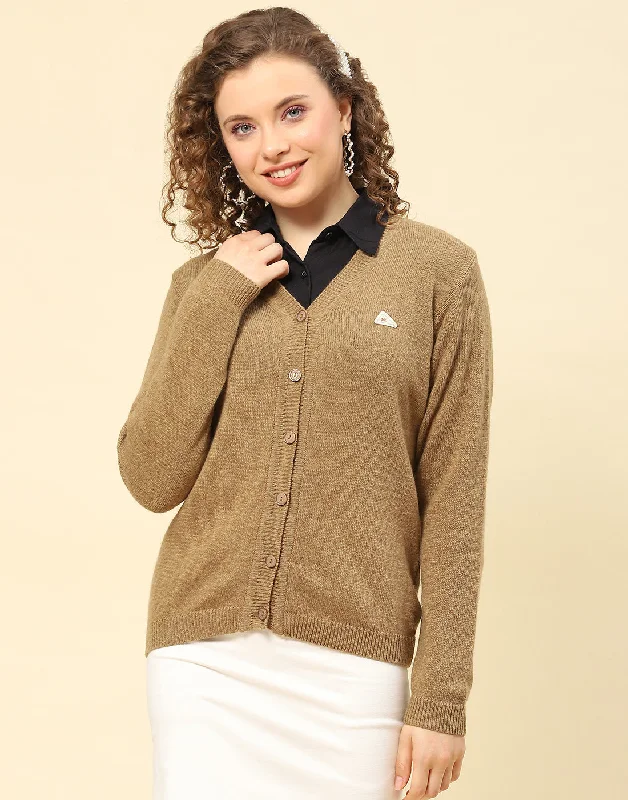 cardigan loose navy -Women Brown Solid V Neck Full Sleeve Cardigan