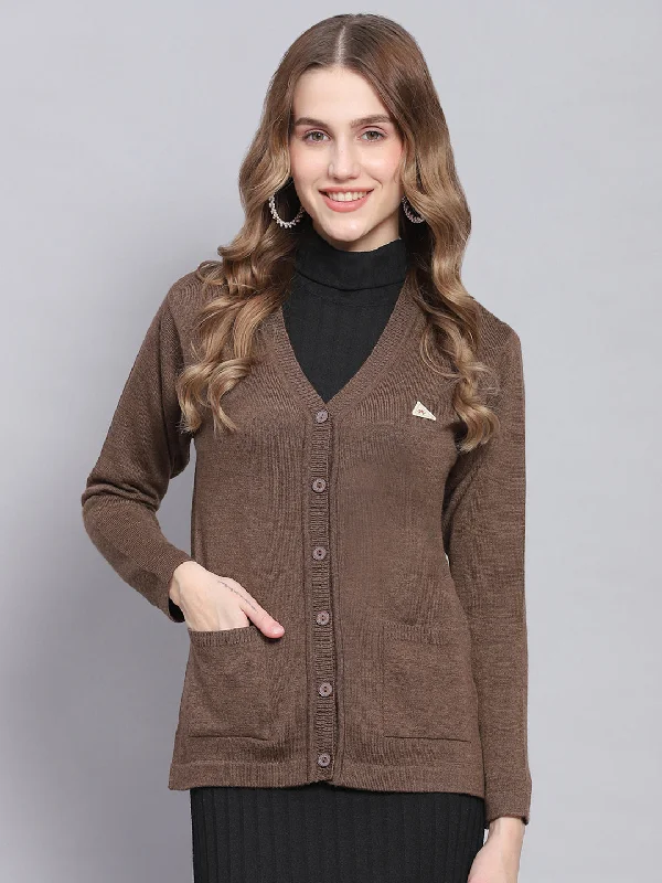 cardigan bold beige -Women Brown Solid V Neck Full Sleeve Cardigans