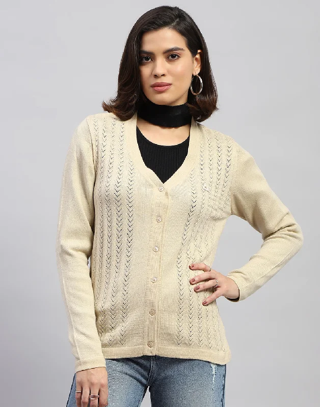 cardigan warm tones -Women Cream Self Design V Neck Full Sleeve Cardigan