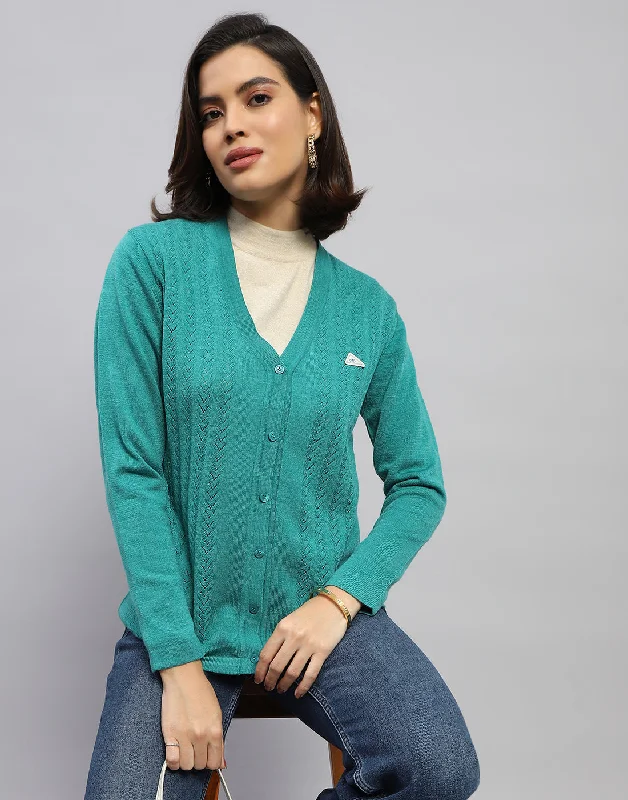 cardigan trendy sweater -Women Green Self Design V Neck Full Sleeve Cardigan