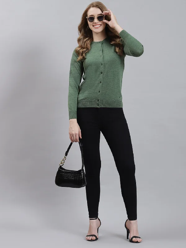 cardigan bold sweater -Women Green Solid Cardigan