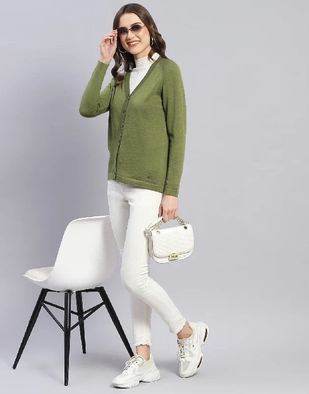 cardigan neutral alpaca -Women Green Solid V Neck Full Sleeve Cardigan