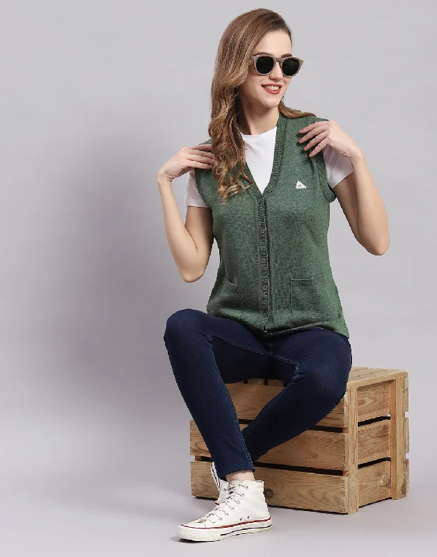 cardigan spring outfit -Women Green Solid V Neck Sleeveless Cardigan